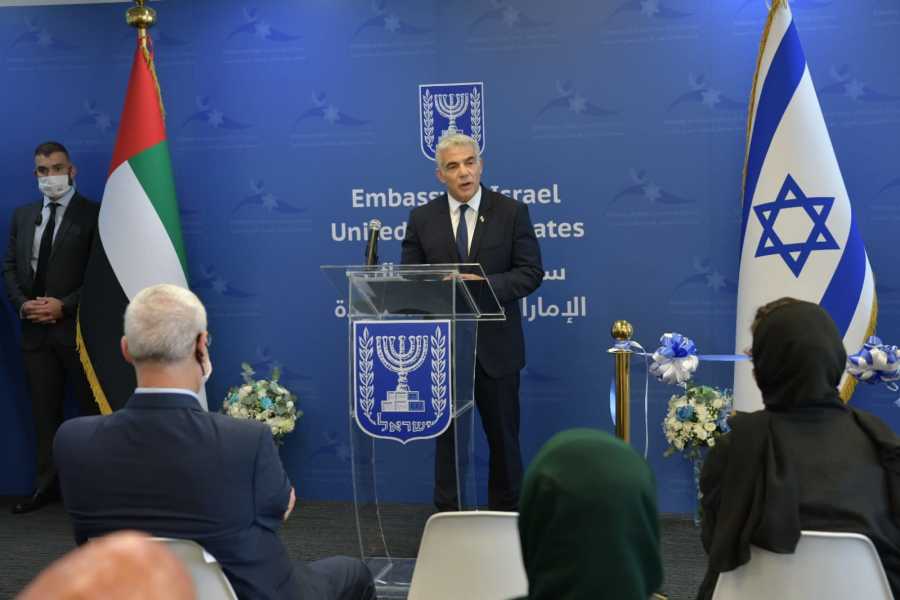 Israel Foreign Minister Yair Lapid at the inauguration of the Israeli embassy in the UAE, June 29, 2021 (Photo: Israeli Ministry of Foreign Affairs)