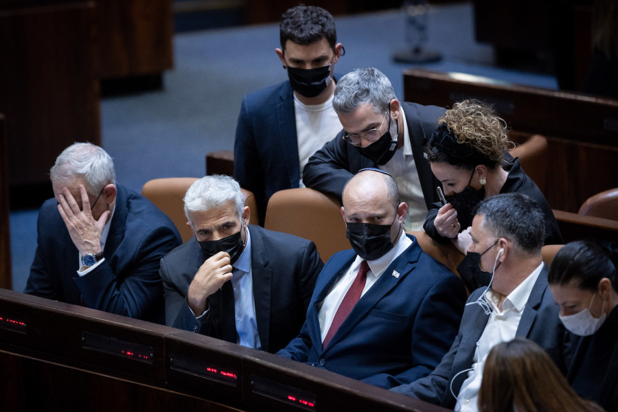 (L-R) Minister of Defense Benny Gantz, Minister of Foreign Affairs Yair Lapid, Prime Minister Naftali Bennett and Minister of Justice Gideon Saar during a discussion on the "family reunification law," at the Knesset, July 6, 2021. (Photo: Yonatan Sindel/Flash90)