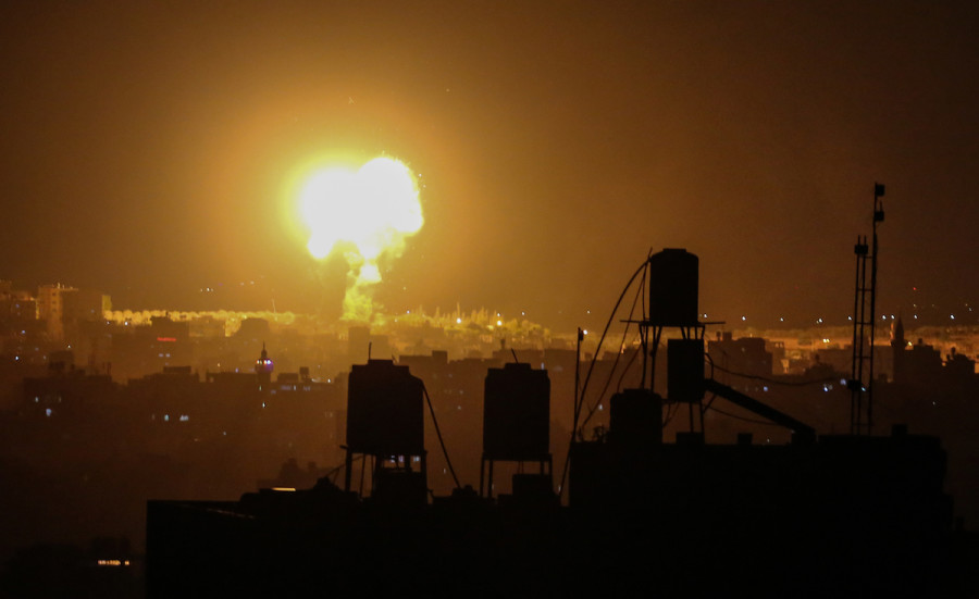 Smoke and flames rise after an Israeli airstrike in a site of the Izz al-Din al-Qassam Brigades, the armed wing of Hamas, in the northern Gaza Strip, on June 18, 2021. Photo by Atia Mohammed/Flash90