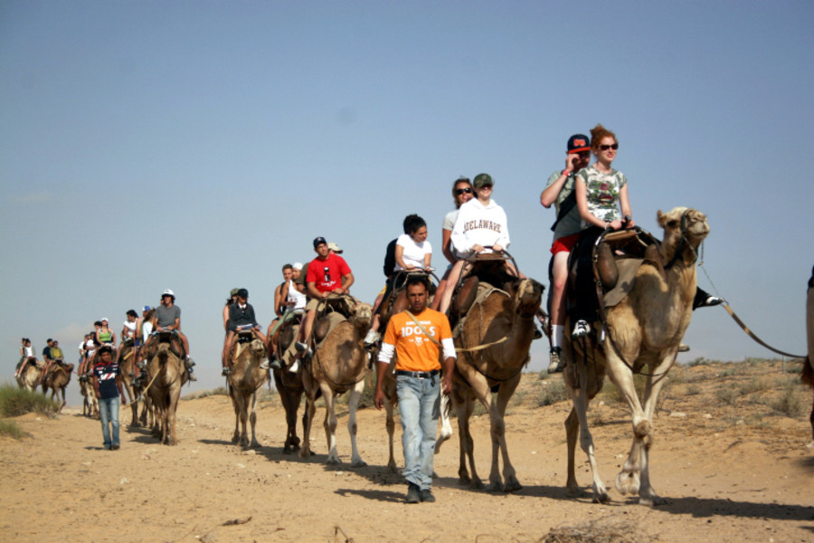 Taglit Birthright participants ride camels during their stay at the Mamshit Bedoin tents in the Negev desert. Birthright is a philanthropic effort spearheaded by billionaires Charles and Edgar Bronfman to give every Jewish child in the world a free trip to Israel ages 18-26 marking a turning point in relations between Israel and Jews in the Diaspora. Photo by Melanie Fidler /Flash90