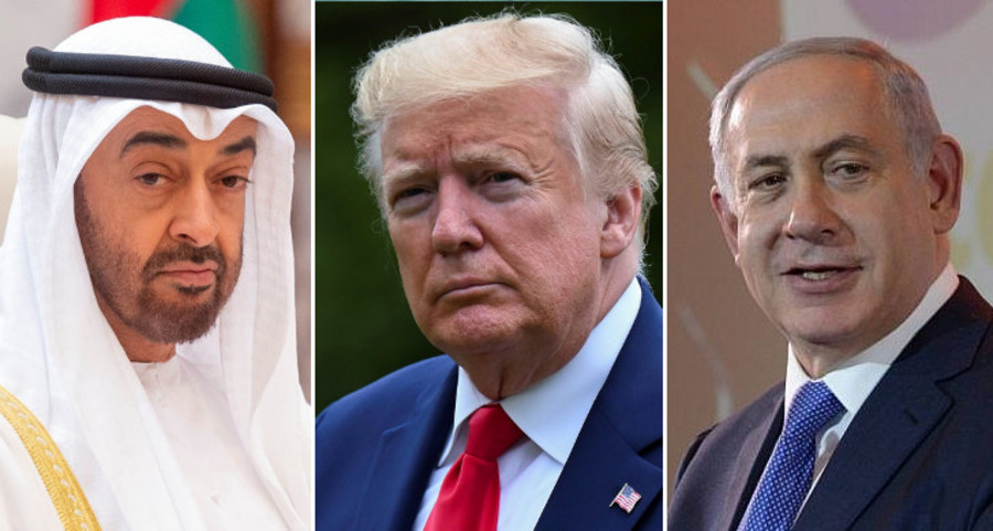 Minister of Foreign Affairs for the United Arab Emirates Abdullah bin Zayed Al Nahyani, Former U.S. President Donald J. Trump and Former Israeli Prime Minister Benjamin Netanyahu