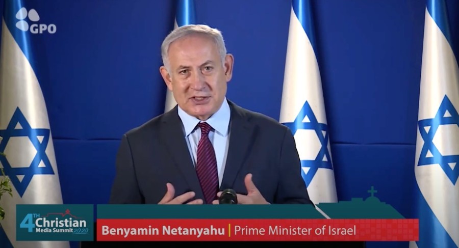 Prime Minister Benjamin Netanyahu speaking in a recorded message at the 4th annual Christian Media Summit, Oct. 18, 2020 (Photo: screenshot)