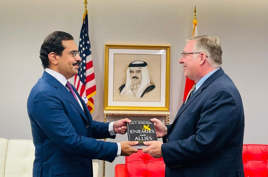 Joel C. Rosenberg presents a copy of his new book, "Enemies and Allies," to Bahrain’s Ambassador to the U.S. Sheikh Abdullah Bin Rashed Bin Abdullah Al Khalifa. (Photo: All Arab News)