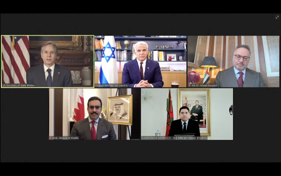 (Clockwise beginning from top left) U.S. Secretary of State Antony Blinken, Israeli Foreign Minister Yair Lapid, UAE Minister of State for Foreign Affairs Anwar Gargash, Bahraini Ambassador to the United States Abdulla Al Khalifa and Moroccan Foreign Minister Nasser Bourita (Photo: screenshot)