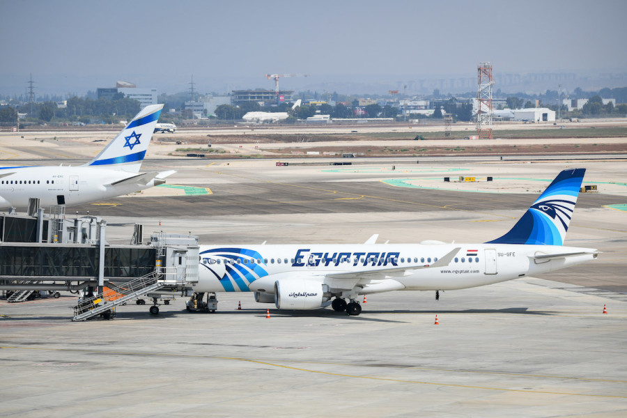 An Egyptair plane lands for the first time in Israel for a commercial flight, Ben-Gurion International Airport, October 3, 2021. (Photo: Yossi Zeliger/Flash90)