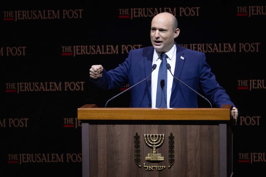 Israeli Prime Minister Naftali Bennett speaks at the Jerusalem Post Conference, held in Jerusalem, October 12, 2021. (Photo: Yonatan Sindel/Flash90)