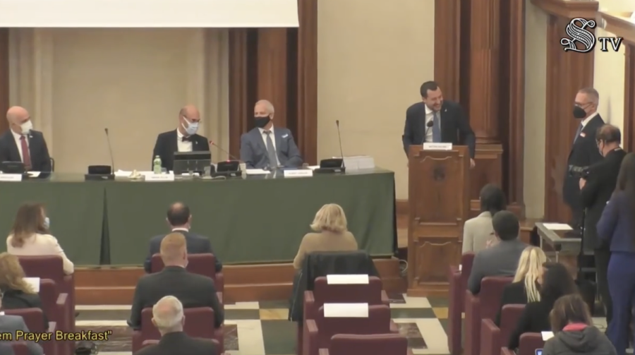 Italian Sen. Matteo Salvini speaking on the Senate floor at the event sponsored by the Jerusalem Prayer Breakfast, Oct. 13, 2021 (Photo: screenshot)