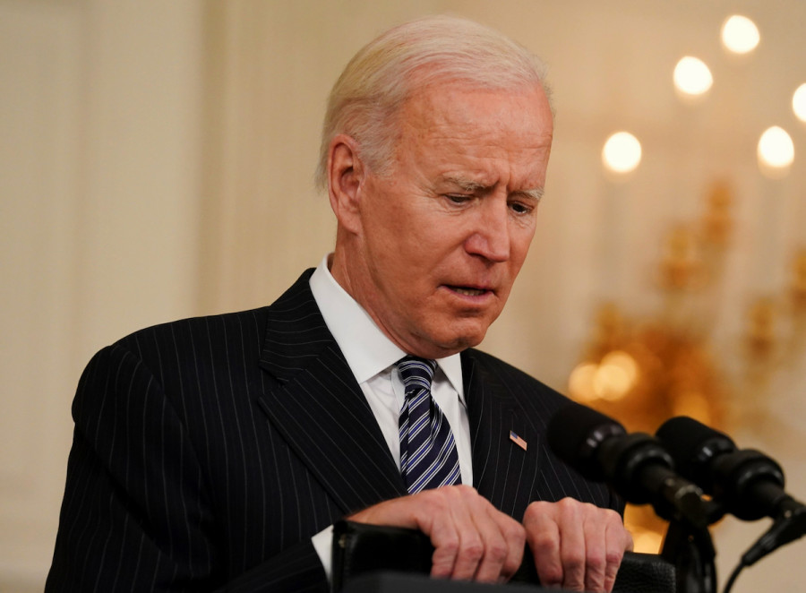U.S. President Joe Biden delivers remarks on the state of the coronavirus disease (COVID-19) vaccinations from the State Dining Room at the White House in Washington, D.C., U.S., April 6, 2021.