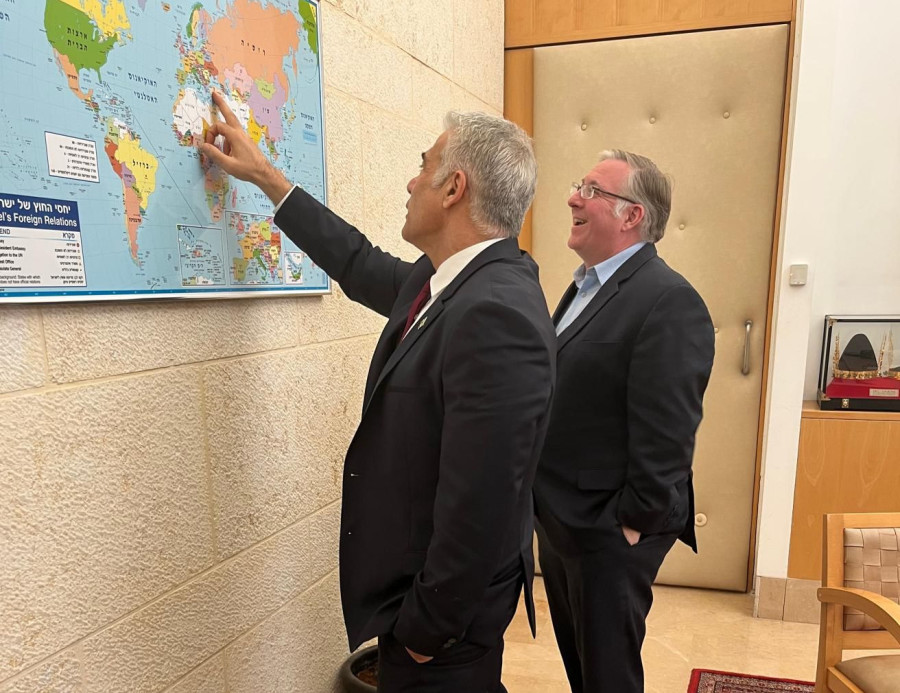 Israel's Foreign Minister Yair Lapid meets with ALL ISRAEL NEWS Editor-in-Chief Joel Rosenberg at the Ministry of Foreign Affairs, Nov. 7, 2021. (Photo: All Israel News staff)