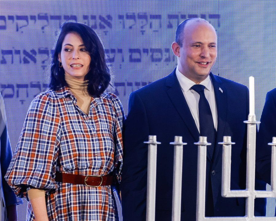 Israeli Prime Minister Naftali Bennett and his wife Gilat attend a ceremony on the second night of the Jewish holiday of Hanukkah, Nov. 29, 2021. (Photo: Olivier Fitoussi/Flash90)