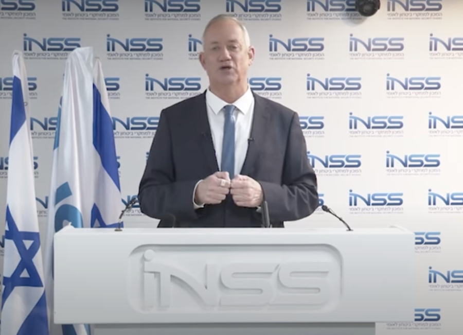 Israeli Defense Minister Benny Gantz speaks at the annual conference of the Institute for National Security Studies, Feb. 2, 2022. (Photo: Screenshot)