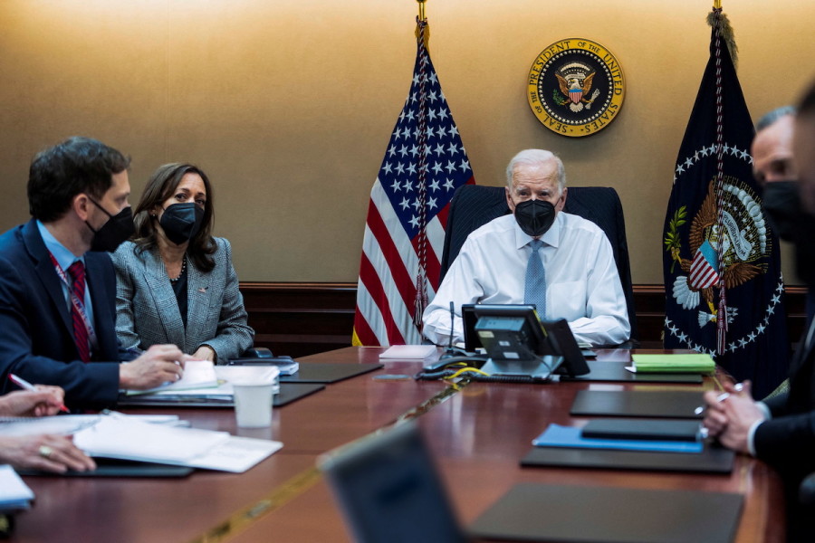 U.S. President Joe Biden, Vice President Kamala Harris and other national security staff watching the U.S. Special Forces operation in Northern Syria against ISIS leader Abu Ibrahim al-Hashemi al-Qurayshi from the Situation Room at the White House in Washington, U.S., February 3, 2022. (Photo: The White House/Handout via REUTERS)