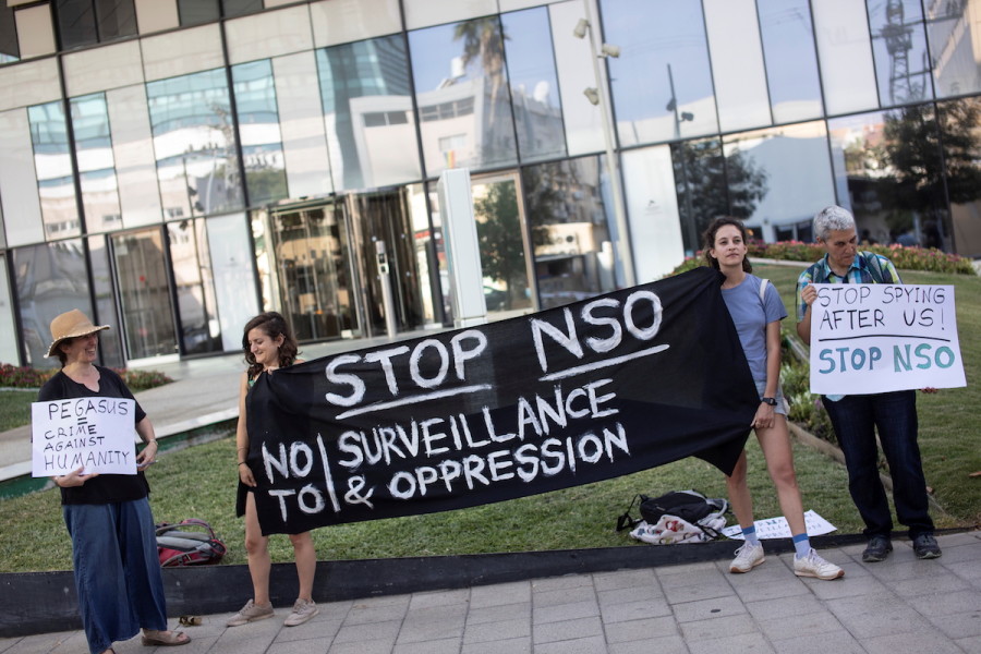 Protestors demonstrate outside the offices of the Israeli cyber firm NSO Group in Herzliya near Tel Aviv, Israel July 25, 2021. (Photo: REUTERS/Nir Elias)