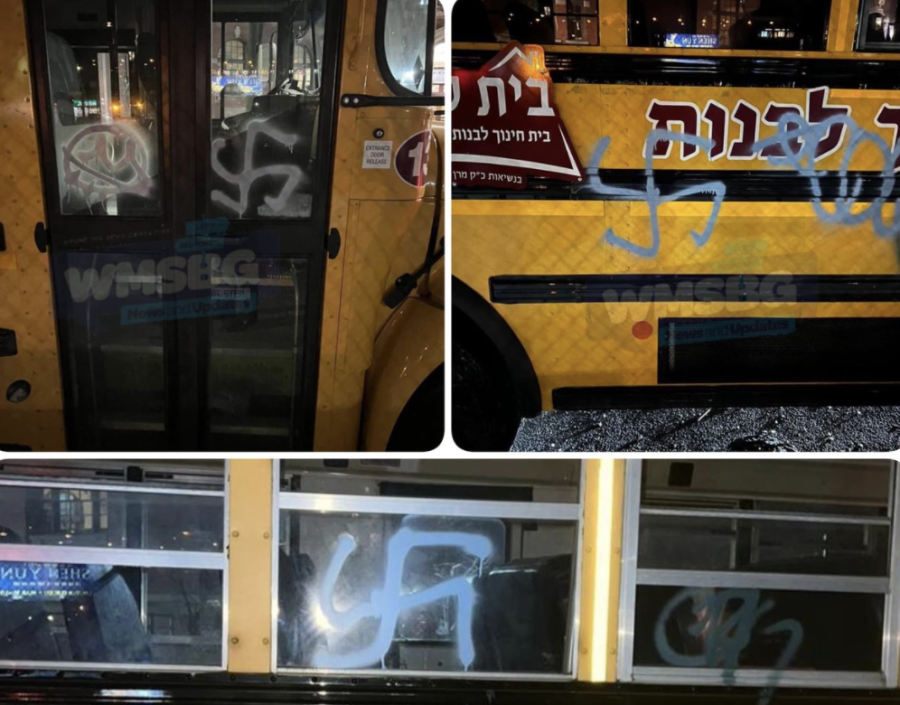 Anti-Semitic graffiti on yeshiva school buses in Williamsburg, New York (Photo: Twitter)
