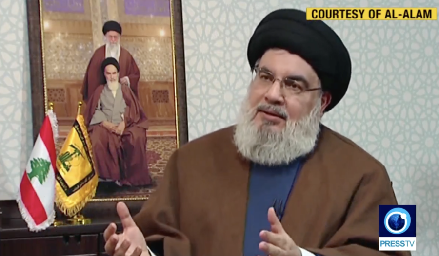 Hezbollah leader Sheikh Hassan Nasrallah in an interview with Al-Alam News, Feb. 8, 2022 (Photo: Screenshot)