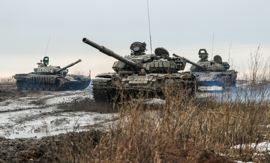 Russian tanks participate in a military drill at the Kadamovsky Range in the Rostov Region of Russia, Feb. 3, 2022. (Photo: Erik Romanenko/TASS via Reuters)