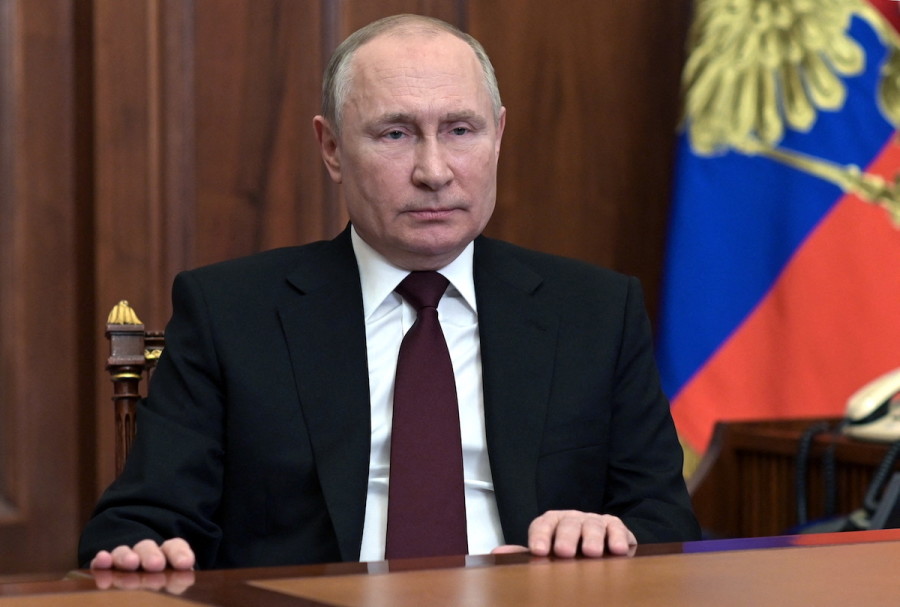 Russian President Vladimir Putin delivers a video address to the nation following the initiative of the country's lower house of parliament and security council to recognize two Russian-backed breakaway regions in eastern Ukraine as independent entities, in Moscow, Russia, Feb. 21, 2022. (Photo: Sputnik/Alexey Nikolsky/Kremlin via Reuters)