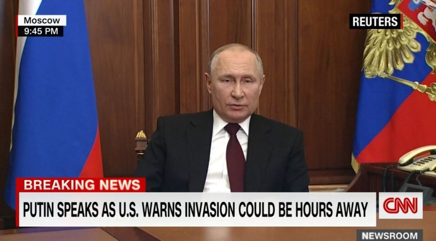 Russian President Vladimir Putin delivers a video address to the nation following the initiative of the country's lower house of parliament and security council to recognize two Russian-backed breakaway regions in eastern Ukraine as independent entities, in Moscow, Russia, Feb. 21, 2022. (Photo: Screenshot CNN)