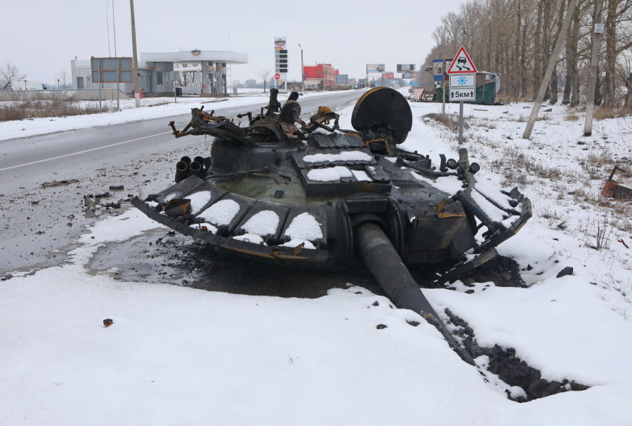 The turret of a destroyed Russian tank is seen on the roadside in Kharkiv, Ukraine, Feb. 26, 2022. (Photo: Reuters/Vyacheslav Madiyevskyy)