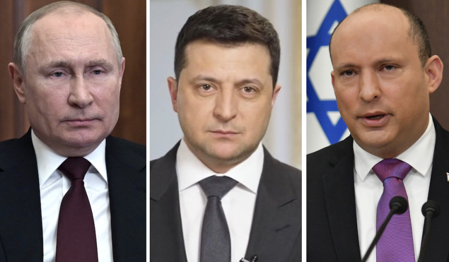 Russian President Vladimir Putin, Ukrainian President Volodymyr Zelenskyy, Israeli Prime Minister Naftali Bennett (Composite photo by ALL ISRAEL NEWS)