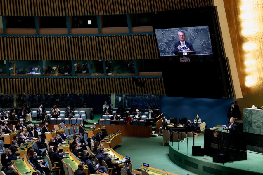 Ukrainian Ambassador to the United Nations Sergiy Kyslytsya plays a video message during the 11th emergency special session of the 193-member U.N. General Assembly on Russia's invasion of Ukraine, at the United Nations Headquarters in Manhattan, Mar. 2, 2022. (Photo: Reuters/Eduardo Munoz)