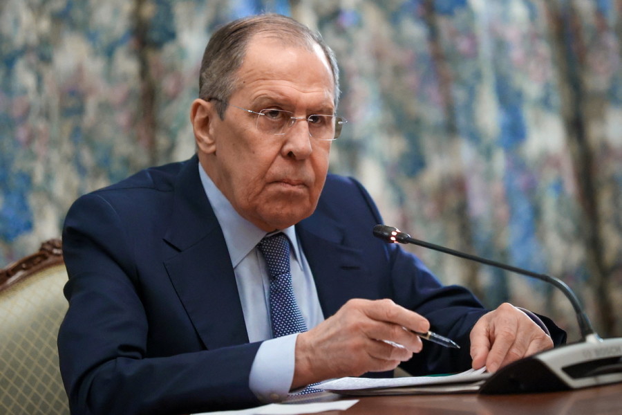 Russian Foreign Minister Sergei Lavrov attends a meeting with Vladislav Deinego, head of the Foreign Ministry of the self-proclaimed Luhansk People's Republic, and Sergei Peresada, deputy head of the Foreign Ministry of the self-proclaimed Donetsk People's Republic, in Moscow, Feb. 25, 2022. (Photo: Russian Foreign Ministry/Handout via Reuters)