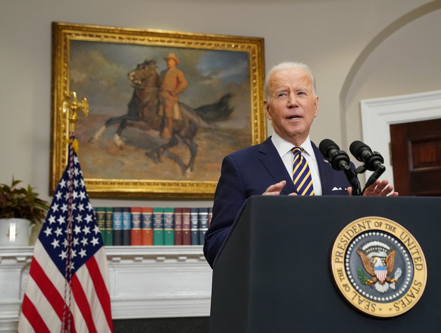 U.S. President Joe Biden announces actions against Russia for its war in Ukraine, during remarks in the Roosevelt Room at the White House, Mar. 8, 2022. (Photo: Reuters/Kevin Lamarque)