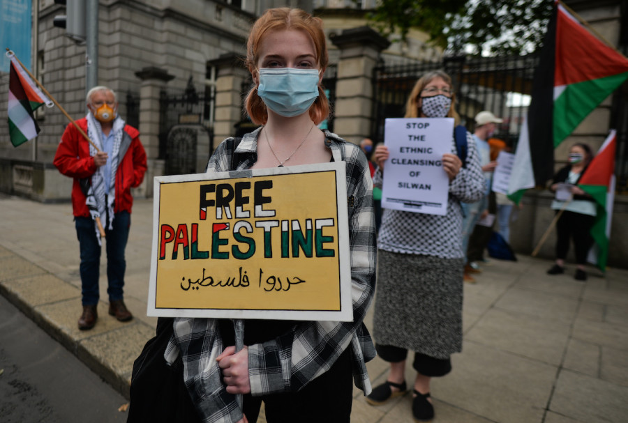 Pro-Palestinian protesters seen outside Leinster House in Dublin, July 7, 2021. (Photo: Artur Widak/NurPhoto)