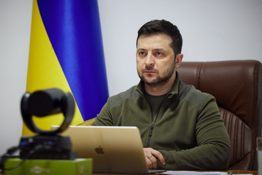 Ukrainian President Volodymyr Zelenskyy delivers an address to the Canadian parliament via video link, Mar. 15, 2022, in Kyiv, Ukraine. (Photo: Ukraine Presidential Press Service via ABACAPRESS.COM)