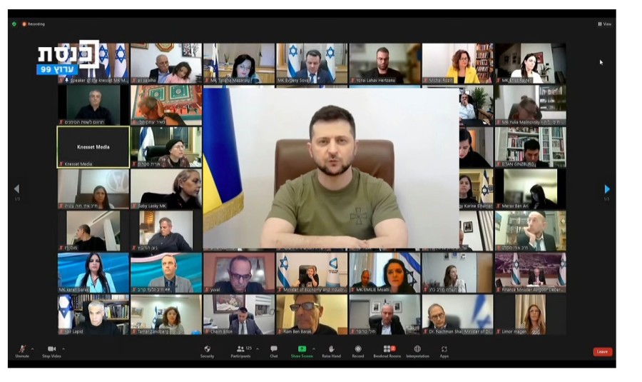 Ukrainian President Volodymyr Zelenskyy speaking on Zoom to Israeli Knesset members, March 20, 2022. (Screenshot: Channel 99 YouTube Channel)