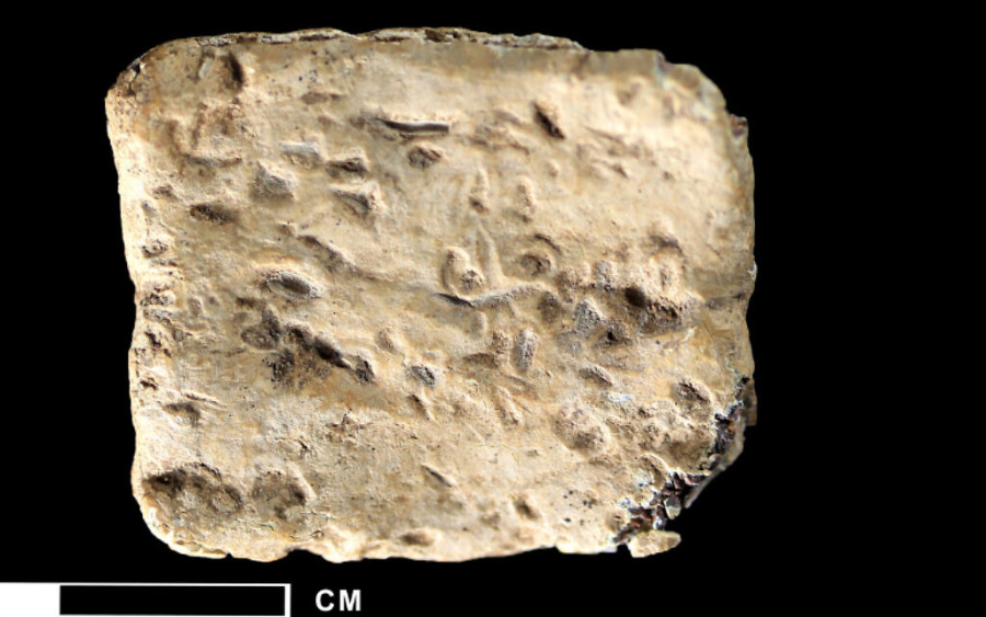 Close-up of the outside of the lead curse tablet discovered at Mt. Ebal in 2019. (Photo: Michael C. Luddeni/Associates for Biblical Research)