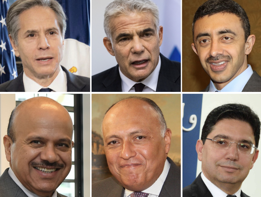 (from top left) U.S. Secretary of State Antony Blinken, Israeli Foreign Minister Yair Lapid, UAE Foreign Minister Abdullah bin Zayed Al Nahyan, Bahraini Foreign Minister Abdullatif bin Rashid Al-Zayani, Egyptian Foreign Minister Sameh Shoukry, Moroccan Foreign Minister Nasser Bourita (Composite photo: ALL ISRAEL NEWS)