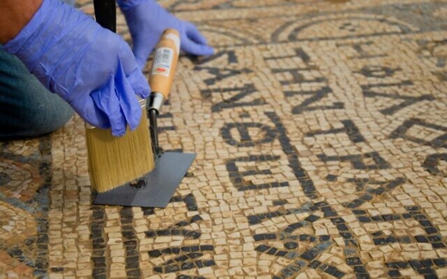 The ‘Jesus’ mosaic excavated at the Megiddo prison in northern Israel, part of a structure from the third or fourth century (Photo: Yoli Schwartz/IAA)