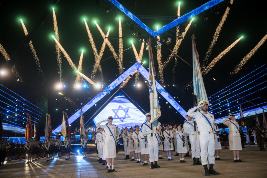 Soldiers march during fireworks at the main rehearsal for the 71st anniversary Independence Day ceremony, held at Mount Herzl, Jerusalem, Apr. 6, 2019. (Photo: Hadas Parush/Flash90)
