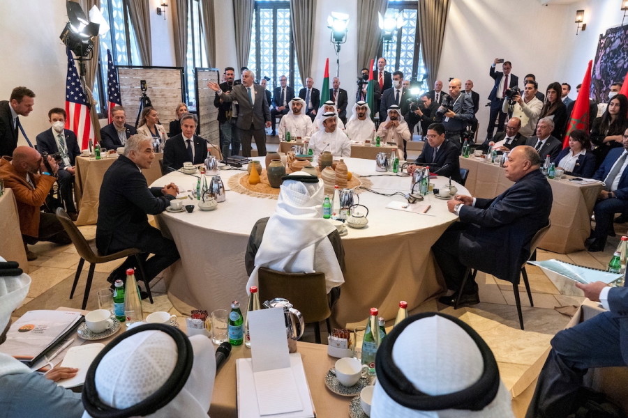 Israel's Foreign Minister Yair Lapid makes opening remarks at the Negev Summit while hosting U.S. Secretary of State Antony Blinken, UAE's Foreign Minister Sheikh Abdullah bin Zayed Al Nahyan, Morocco's Foreign Minister Nasser Bourita, Egypt's Foreign Minister Sameh Shoukry and Bahrain's Foreign Minister Abdullatif bin Rashid Al Zayani, in Sde Boker, Israel, Mar. 28, 2022. (Photo: Jacquelyn Martin/Pool via REUTERS)
