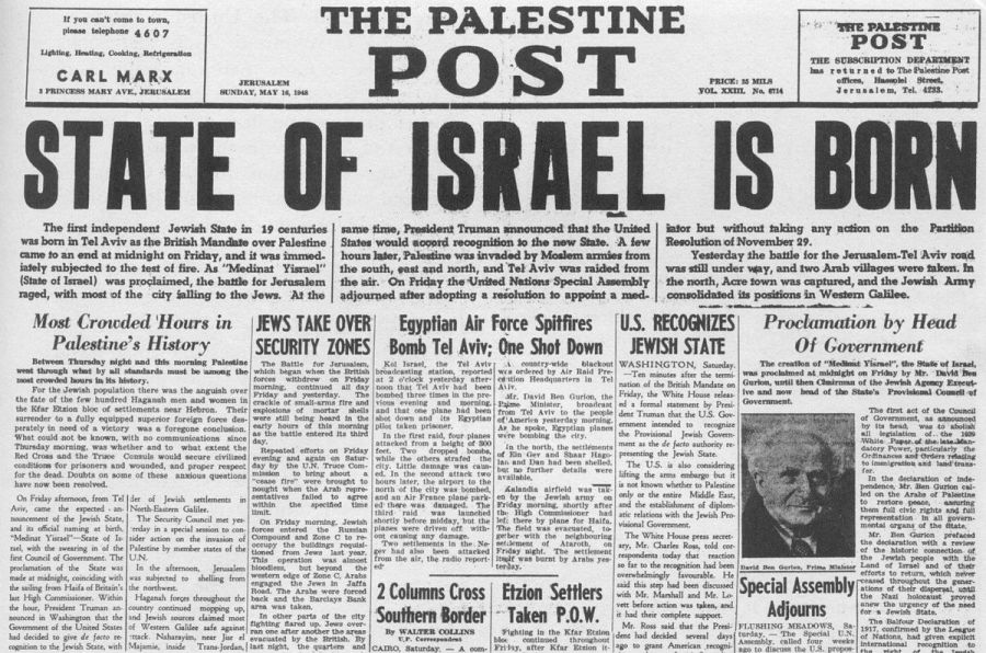 Front page of The Palestine Post reporting on Israeli independence (Photo credit: Jerusalem Post archives)
