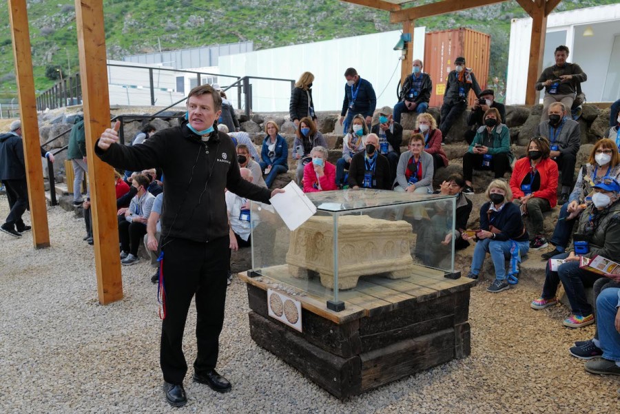 Bishop Louis Zarama leads the first major group of American Catholic tourists since the COVID-19 travel restrictions, at the ancient town of Magdala on the Sea of Galilee in northern Israel, Feb. 6, 2022. (Photo: Michael Giladi/Flash90)