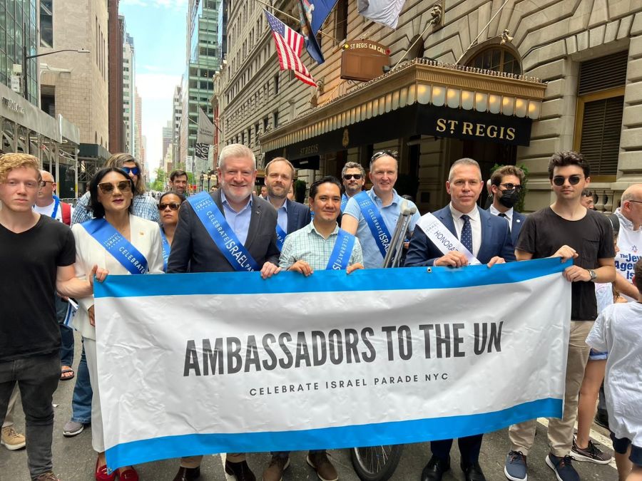 Israel's Ambassador to the UN Gilad Erdan and a delegation of ambassadors at Celebrate Israel Parade 2022 in New York City (Photo courtesy)