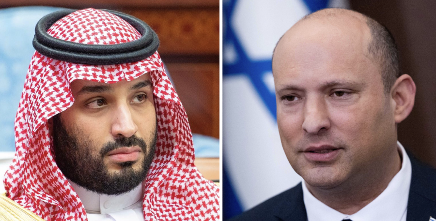 Saudi Crown Prince Mohammed bin Salman (Photo: Bandar Algaloud/Courtesy of Saudi Royal Court/Handout via Reuters) and Israeli Prime Minister Naftali Bennett (Photo: Yonatan Sindel/Flash90)