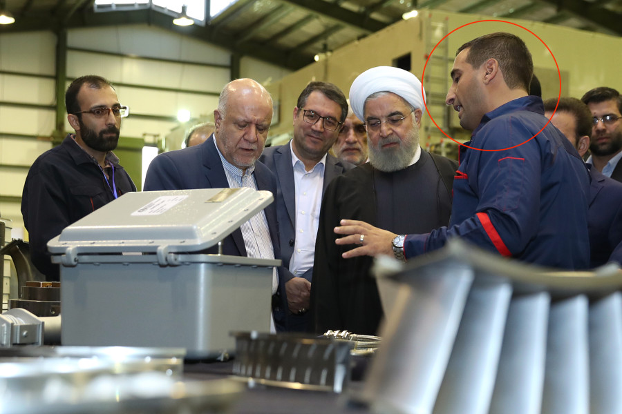 Iranian scientist Ayoob Entezari (in circle) and then-Iranian president Hassan Rouhani during a visit to a nuclear facility in Yazd, Iran (Photo: Twitter)