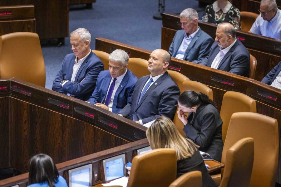 Israeli Prime Minister Naftali Bennett, Minister of Defense Benny Gantz and Minister of Foreign Affairs Yair Lapid during a discussion and a vote on a bill to dissolve the Knesset, June 22, 2022. (Photo: Olivier Fitoussi/Flash90)
