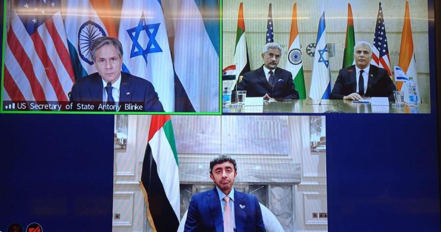 (Top, from left) U.S. Secretary of State Antony Blinken, Indian External Affairs Minister S Jaishankar, then-Israeli Foreign Minister Yair Lapid and (below) UAE’s Foreign Minister Sheikh Al Nahyan attended a virtual meeting on Oct. 18, 2021. (Photo screenshot: S Jaishankar via Twitter)