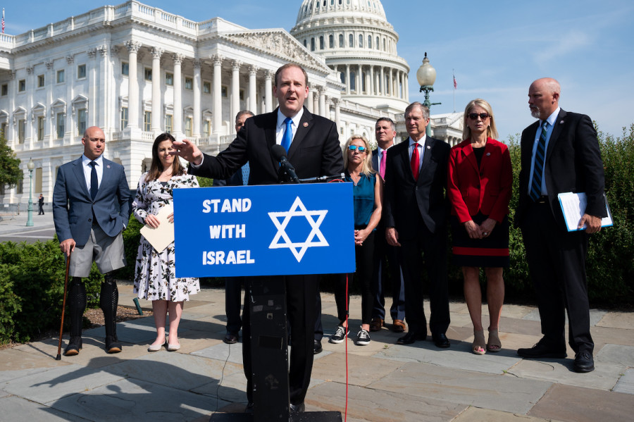U.S. Representative Lee Zeldin (R-NY) speaking at a press conference of House Republicans who "Stand With Israel," May 20, 2021 (Photo: Michael Brochstein/Sipa USA)
