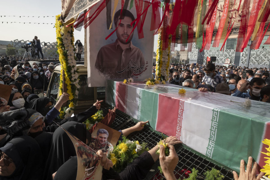 Funeral for Islamic Revolutionary Guard Corps Colonel Sayyad Khodai, who was shot dead in front of his home on May 22 by motorbike assassins in Tehran, May 24, 2022. (Photo: Morteza Nikoubazl/NurPhoto)