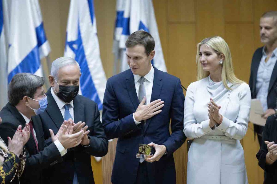 Senior advisor to former U.S. President Donald Trump, Jared Kusner, his wife Ivanka Trump and opposition leader Benjamin Netanyahu at an event celebrating the one-year anniversary of the Abraham Accords at the Knesset, Oct. 11, 2021. (Photo: Yonatan Sindel/Flash90)
