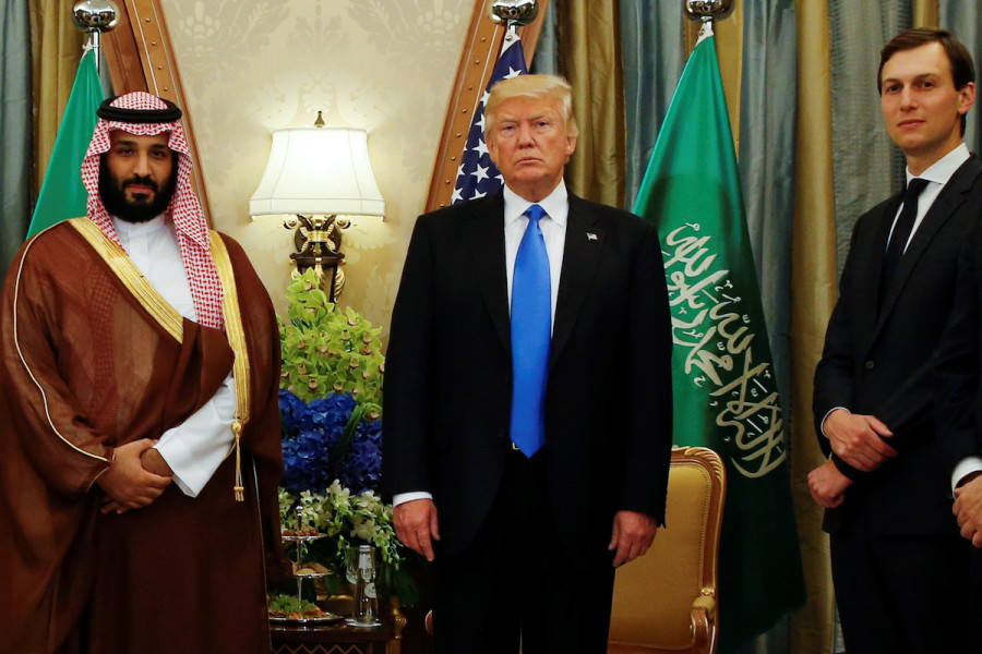 Then-U.S. President Donald Trump, with White House senior advisor Jared Kushner, meets Saudi Arabia's Crown Prince Mohammed bin Salman in Riyadh, Saudi Arabia, May 20, 2017. (Photo: REUTERS/Jonathan Ernst)
