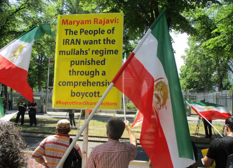 On the eve of the Iranian Presidential Election, Iranian supporters of the NCRI, the main Iranian opposition group, protest outside the Iranian Embassy in Berlin, Germany in June 17, 2021. (Photo: Siavosh Hosseini/NurPhoto)
