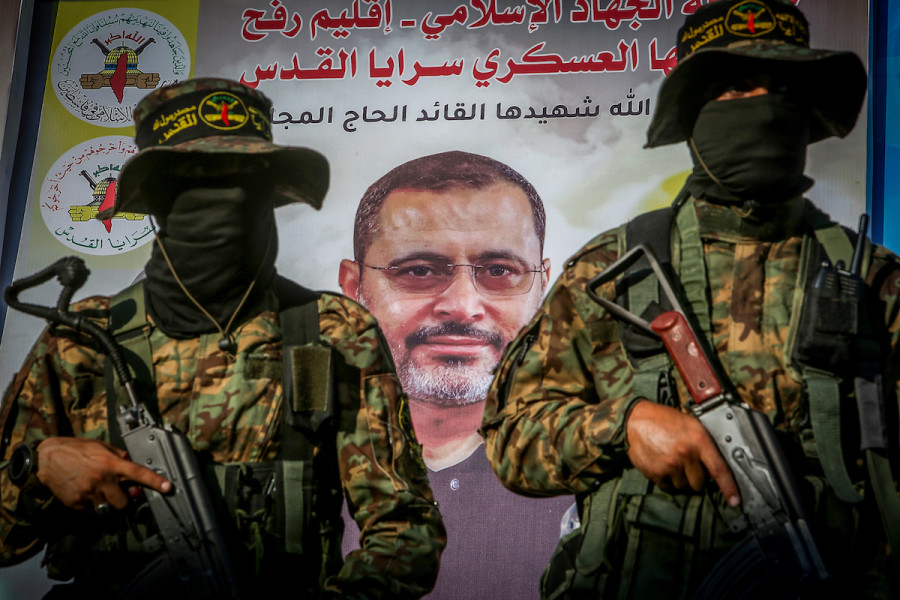 Members of Al-Quds Brigades, the military wing of the Palestinian Islamic Jihad (PIJ) movement at a gathering for PIJ commander Khaled Mansour, who was killed on the first day of Operation Breaking Dawn, in Rafah, in the southern Gaza Strip, Aug. 8, 2022. (Photo: Abed Rahim Khatib/Flash90)
