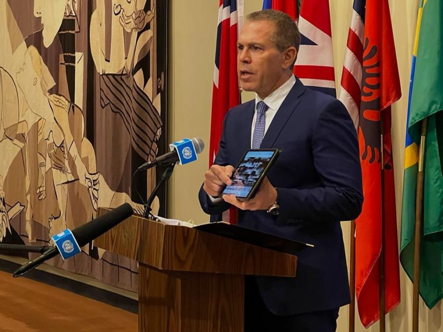 Israeli Ambassador to the UN Gilad Erdan speaks outside of the UN Security Council, August 8, 2022 (Photo: Shahar Azran)
