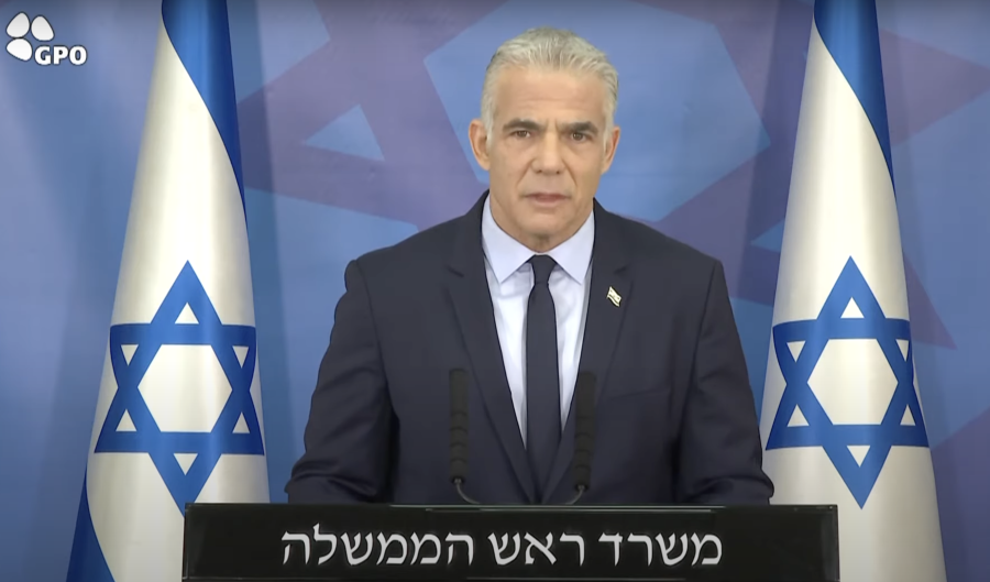 Israeli Prime Minister Yair Lapid delivers a message a day following the end of Operation Breaking Dawn, August 8, 2022. (Photo: Screenshot/GPO)
